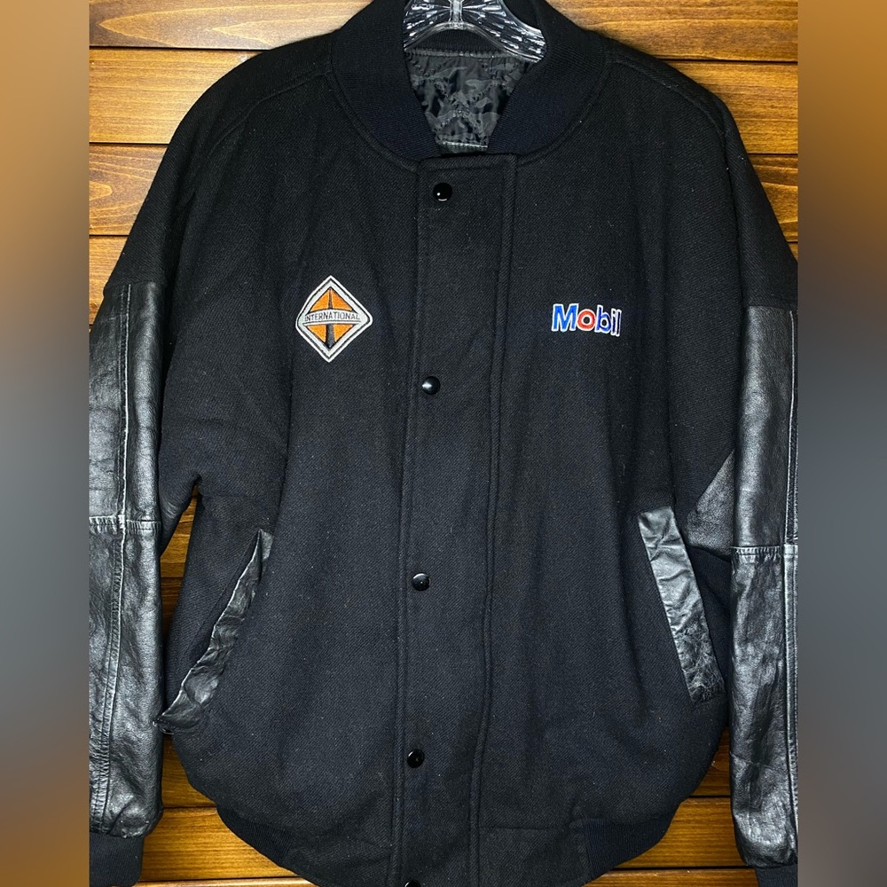 Vintage Talon zipper Leather Wool Varsity Jacket Mobil Oil Gas Size Large Black